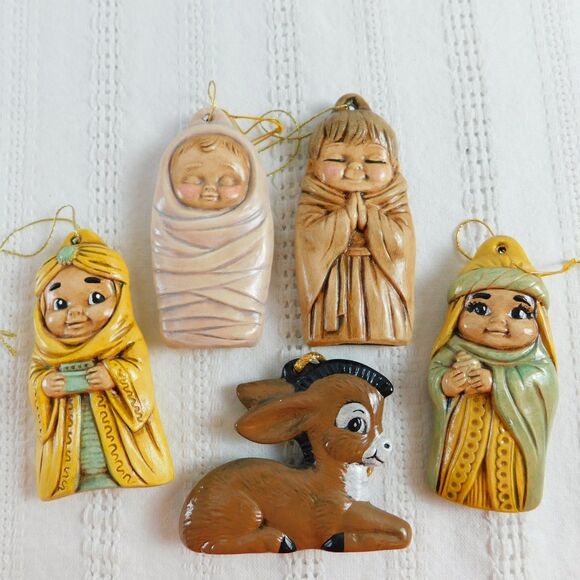 Vintage Nativity Christmas Flat Ornament Set of 5 Jesus Joseph Wiseman Donkey - Picture 16 of 16